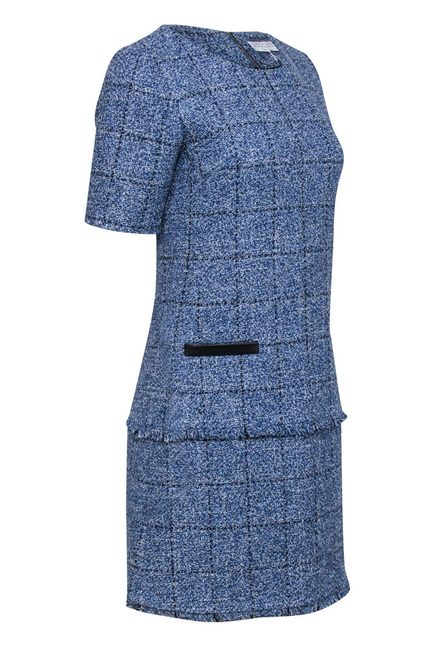 Current Boutique-Claudie Pierlot - Blue & White Tweed Shift Dress w/ Fringe Trim Sz 6