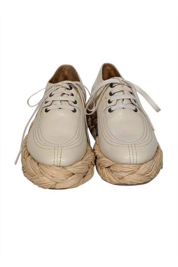 Current Boutique-Clergerie Paris - Beige Leather & Woven Straw Platform Sneaker Sz 8