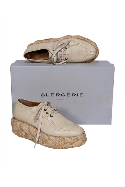 Current Boutique-Clergerie Paris - Beige Leather & Woven Straw Platform Sneaker Sz 8