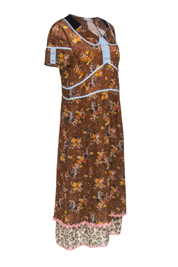 Current Boutique-Coach - Brown Dog & Floral Print Prairie Midi Dress Sz 8