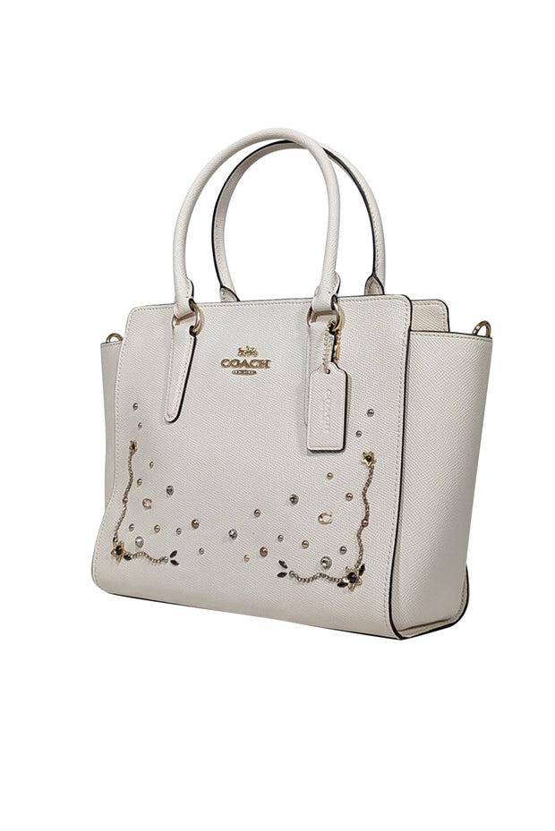 Current Boutique-Coach - Ivory Saffiano Leather Embellished Front Satchel Bag