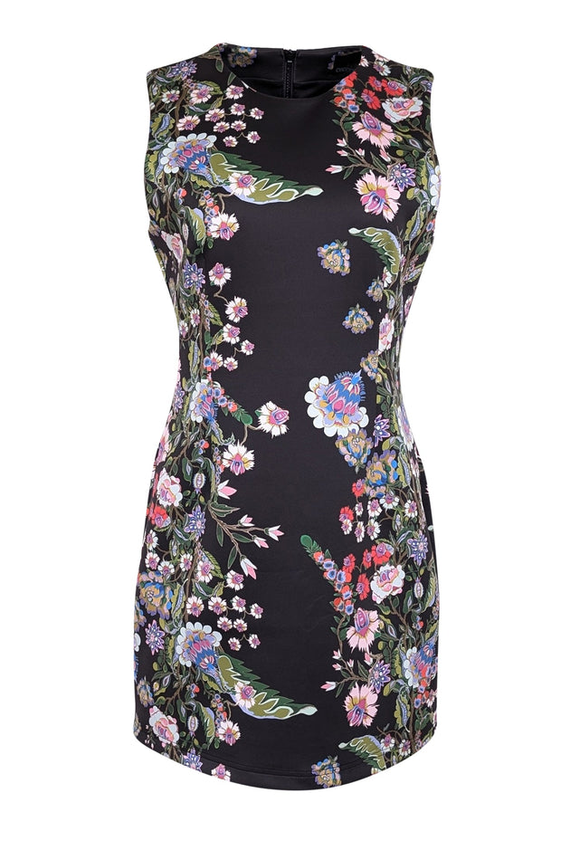 Current Boutique-Cynthia Rowley - Black & Multicolor Floral Print Sleeveless Bodycon Mini Dress Sz 8