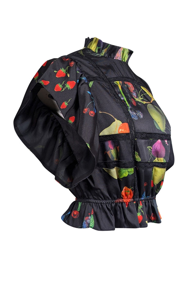 Current Boutique-Cynthia Rowley - Black w/ Rainbow Produce Print Ruffled Blouse Sz XS