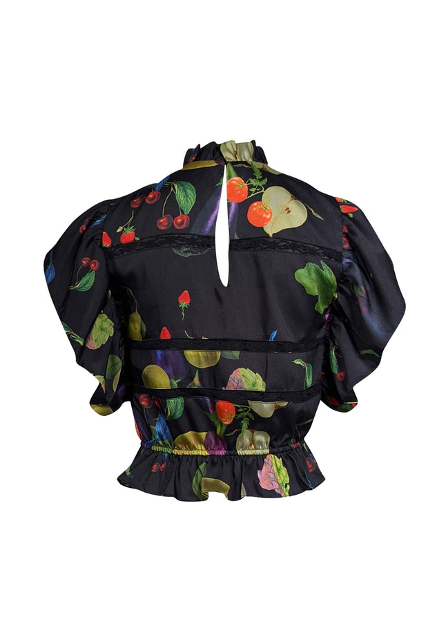 Current Boutique-Cynthia Rowley - Black w/ Rainbow Produce Print Ruffled Blouse Sz XS