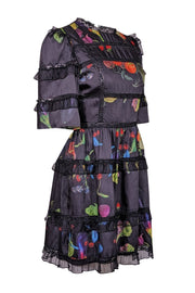 Current Boutique-Cynthia Rowley - Black w/ Rainbow Produce Print Ruffled Dress Sz 4