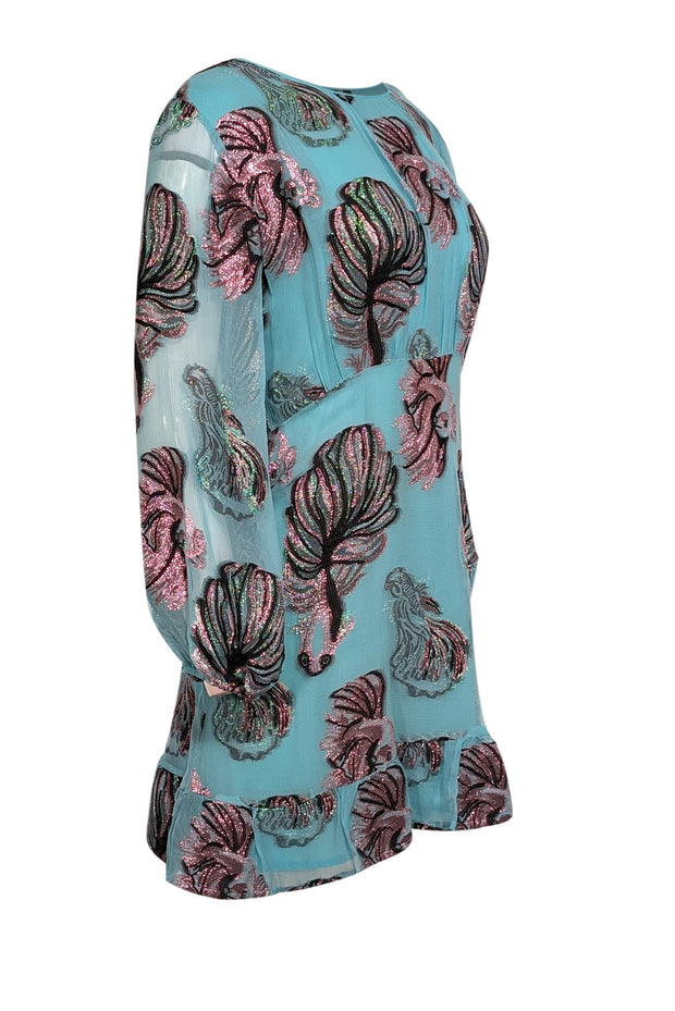 Current Boutique-Cynthia Rowley - Turquoise w/ Metallic Fish Pattern Chiffon Mini Dress Sz 10