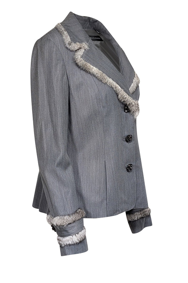 Current Boutique-Dana Buchman - Grey Wool Blend Jacket w/ Rabbit Fur Trim Sz 10