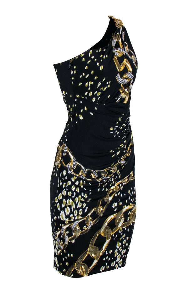 Current Boutique-David Meister - Black & Gold Chain One Shoulder Dress Sz 2