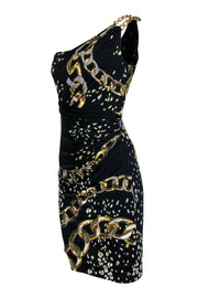 Current Boutique-David Meister - Black & Gold Chain One Shoulder Dress Sz 2