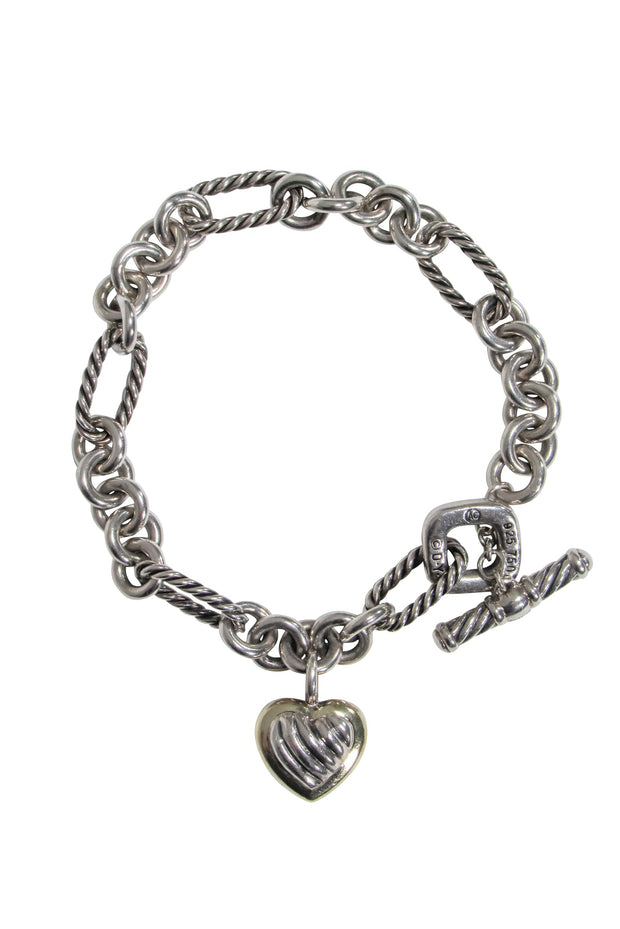 Current Boutique-David Yurman - Silver Link Charm Bracelet w/ Gold Heart Charm