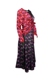 Current Boutique-Delficollective - Green, Purple, Orange, & Pink Floral Print Wrap Bodice Dress Sz XS