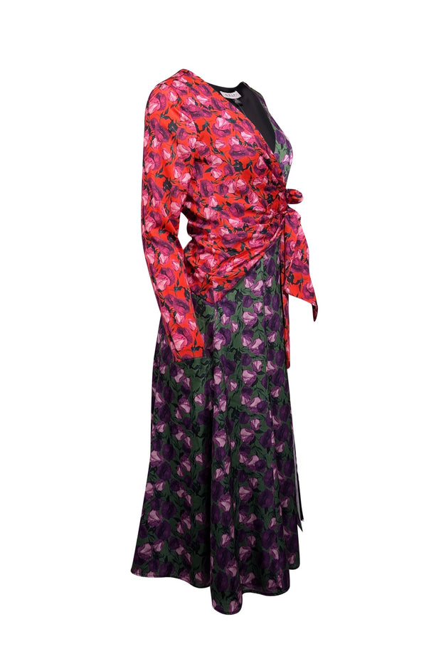 Current Boutique-Delficollective - Green, Purple, Orange, & Pink Floral Print Wrap Bodice Dress Sz XS