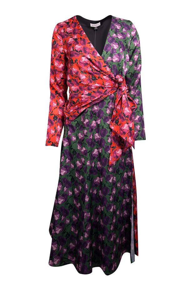 Current Boutique-Delficollective - Green, Purple, Orange, & Pink Floral Print Wrap Bodice Dress Sz XS