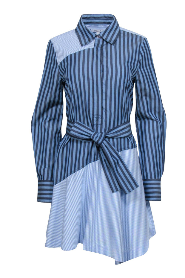 Current Boutique-Derek Lam - Blue Mixed Stripe Print Belted Shirt Dress Sz 8