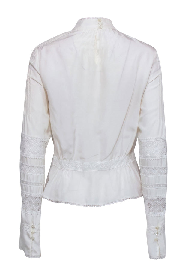 Current Boutique-Derek Lam - Ivory Lace Trim Silk Long Sleeve Blouse Sz 6