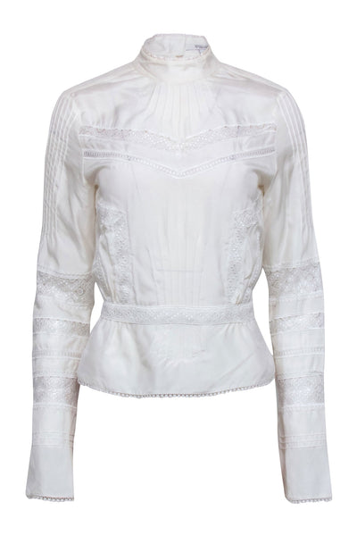 Current Boutique-Derek Lam - Ivory Lace Trim Silk Long Sleeve Blouse Sz 6