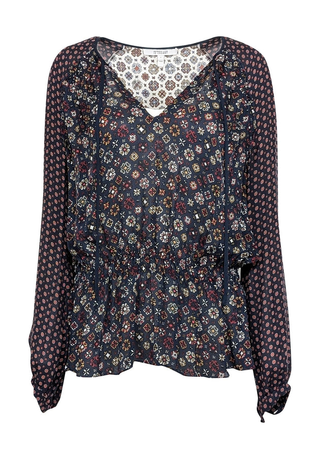 Current Boutique-Derek Lam - Navy w/ Red & Tan Floral Print Silk Blouse Sz 6