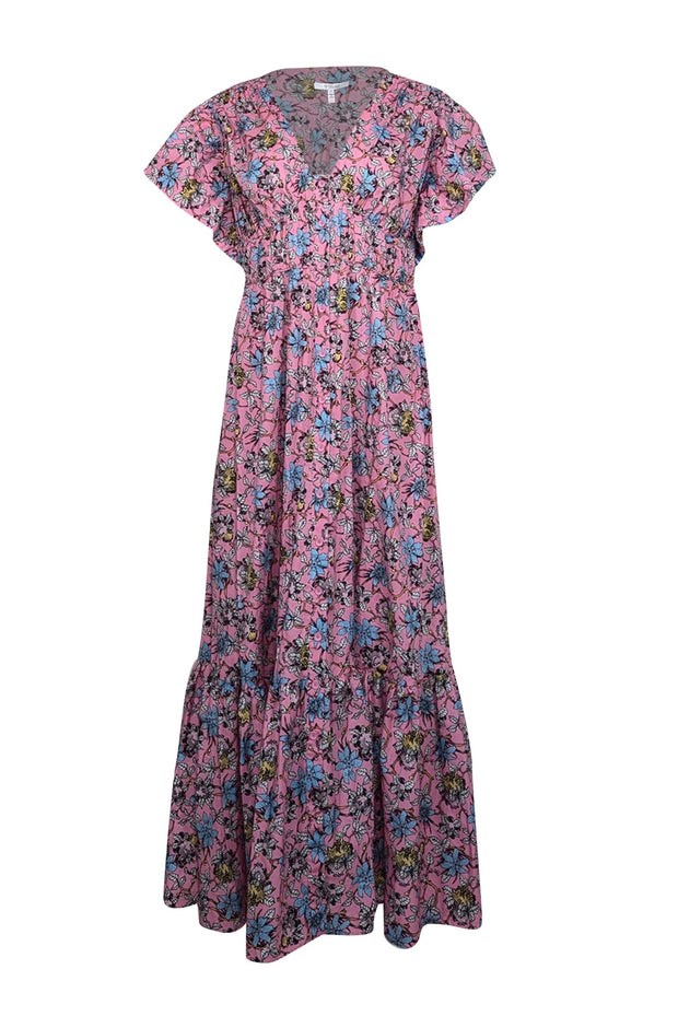 Current Boutique-Derek Lam - Pink & Blue Floral Print Poplin Flutter Sleeve Dress Sz 16