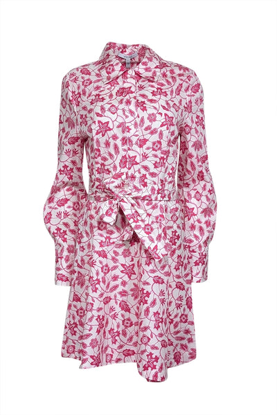 Current Boutique-Derek Lam - White, Magenta, & Pink Floral Print Poplin Belted Shirtdress Sz 8