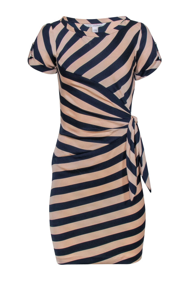 Current Boutique-Diane von Furstenberg - Beige & Navy Blue Stripe Dress w/ Side Ruche Sz 0