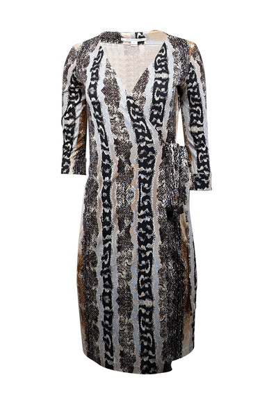 Current Boutique-Diane von Furstenberg - Black, Brown, Blue, & White Snake Print Silk Wrap Dress Sz 2