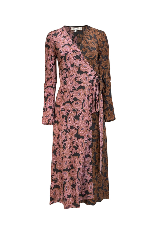 Current Boutique-Diane von Furstenberg - Black, Brown &amp; Pink Floral Print Midi Wrap Dress Sz XS