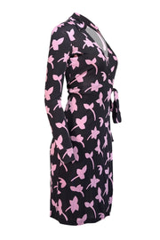 Current Boutique-Diane von Furstenberg - Black w/ Pink Floral Print Silk Wrap Dress Sz 2