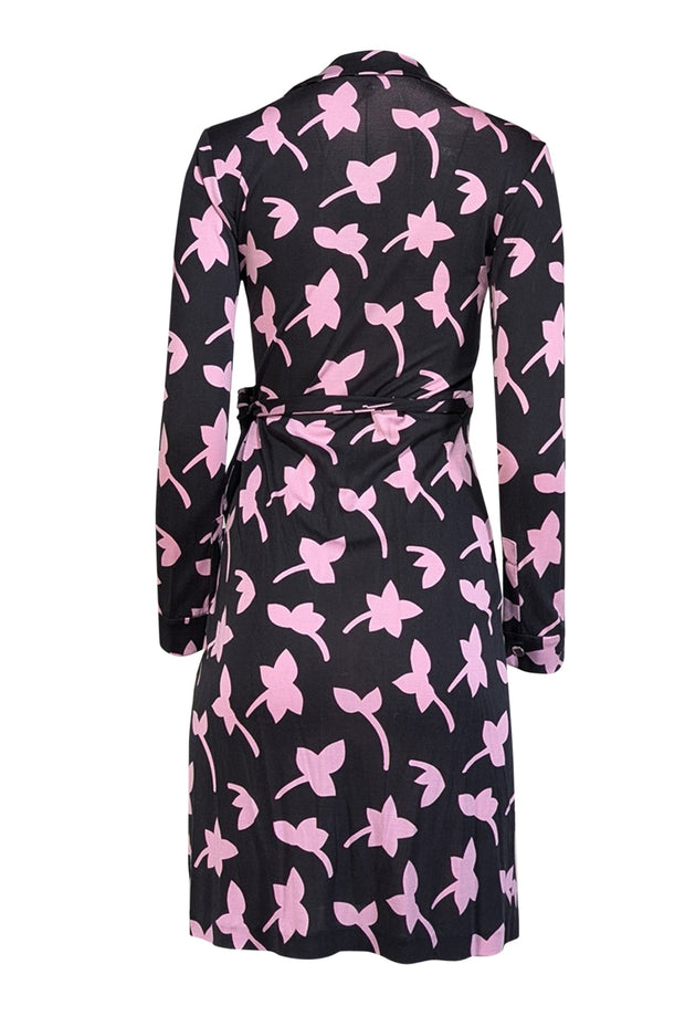 Current Boutique-Diane von Furstenberg - Black w/ Pink Floral Print Silk Wrap Dress Sz 2