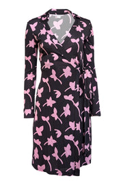 Current Boutique-Diane von Furstenberg - Black w/ Pink Floral Print Silk Wrap Dress Sz 2