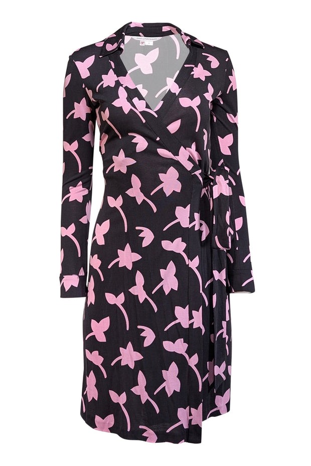 Current Boutique-Diane von Furstenberg - Black w/ Pink Floral Print Silk Wrap Dress Sz 2