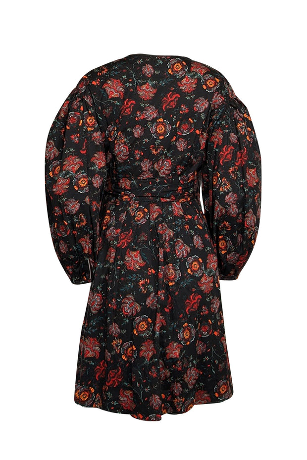 Current Boutique-Diane von Furstenberg - Black w/ Red Floral Print Poplin Wrap Dress Sz 8