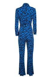 Current Boutique-Diane von Furstenberg - Blue & Black Long Sleeve Collared Animal Print Jumpsuit Sz S