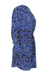 Current Boutique-Diane von Furstenberg - Blue & Black Long Sleeve Floral Print Drawstring Waist Dress Sz 0