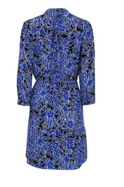 Current Boutique-Diane von Furstenberg - Blue & Black Long Sleeve Floral Print Drawstring Waist Dress Sz 0