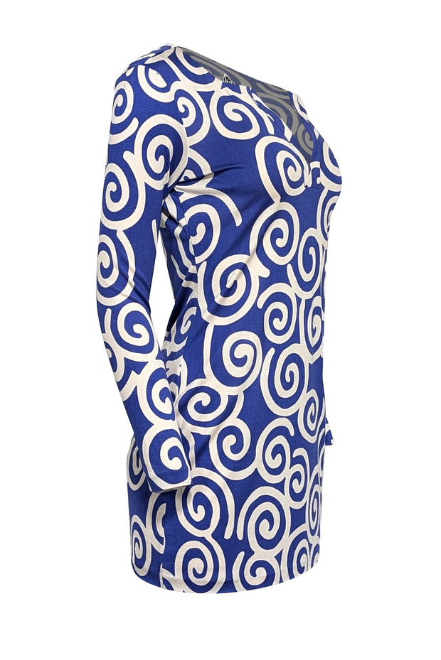 Current Boutique-Diane von Furstenberg - Blue & White Swirl Print Long Sleeve Mini Dress Sz S