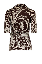 Current Boutique-Diane von Furstenberg - Brown & Cream Print Wrap Top Sz 8