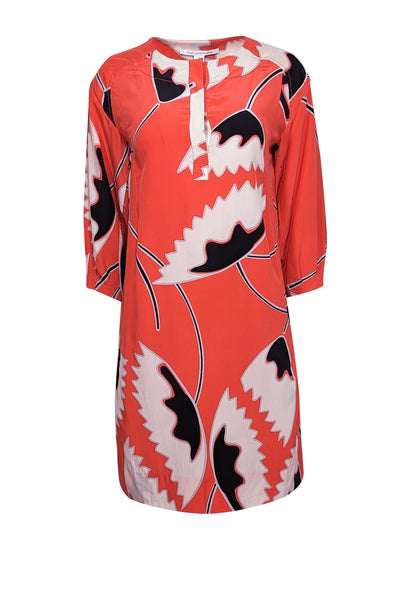 Current Boutique-Diane von Furstenberg - Coral, White, & Black Print Silk Shift Dress Sz 4