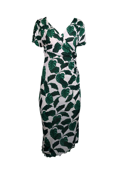 Current Boutique-Diane von Furstenberg - Green &amp; White Leaf Print “Havana” Midi Dress Sz M