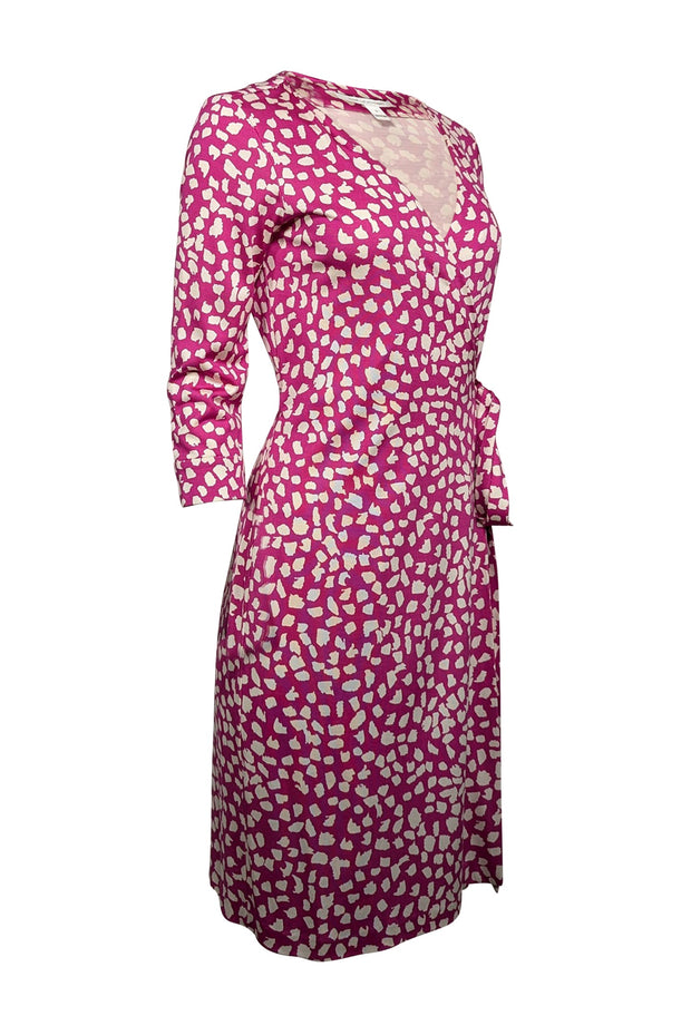 Current Boutique-Diane von Furstenberg - Magenta & White Spotted Silk Wrap Dress Sz 10