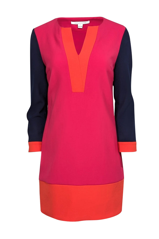 Current Boutique-Diane von Furstenberg - Pink, Orange, & Navy Crepe Colorblock Dress Sz 6