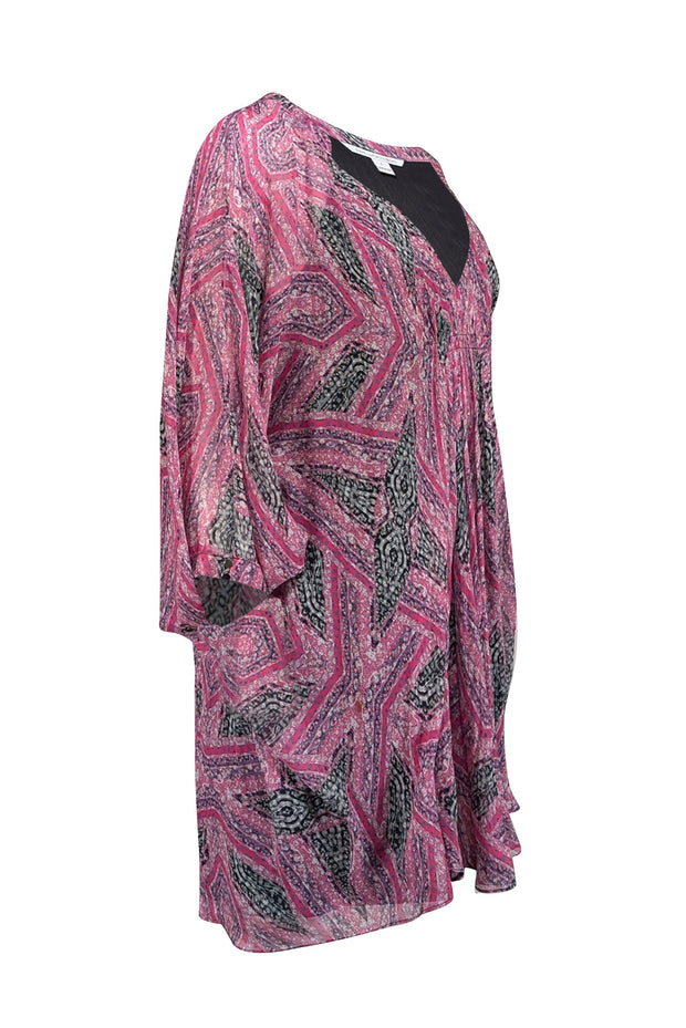 Current Boutique-Diane von Furstenberg - Pink Printed Silk Dress w/ Batwing Sleeves Sz 8