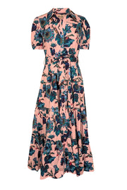 Current Boutique-Diane von Furstenberg - Pink w/ Teal & Blue Floral Print Cotton Midi Dress Sz M