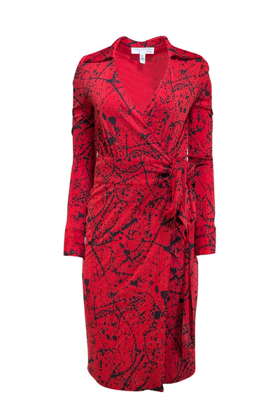 Current Boutique-Diane von Furstenberg - Red & Black Splatter Print Silk Wrap Dress Sz 10