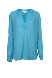 Current Boutique-Diane von Furstenberg - Turquoise Long Sleeve Textured Cotton Shirt Sz 10