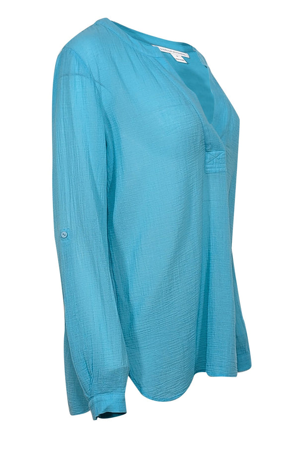 Current Boutique-Diane von Furstenberg - Turquoise Long Sleeve Textured Cotton Shirt Sz 10