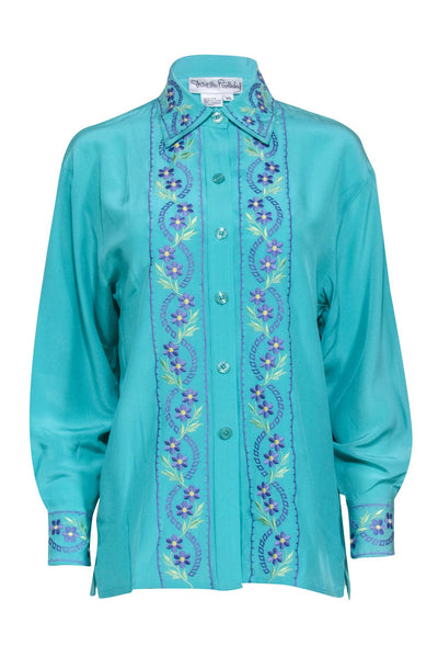 Current Boutique-Diane von Furstenberg - Turquoise Silk Blouse w/ Lavender Floral Embroidery Sz XS