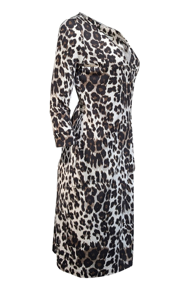 Current Boutique-Diane von Furstenberg - White w/ Black & Brown Leopard Print Silk Wrap Dress Sz 6