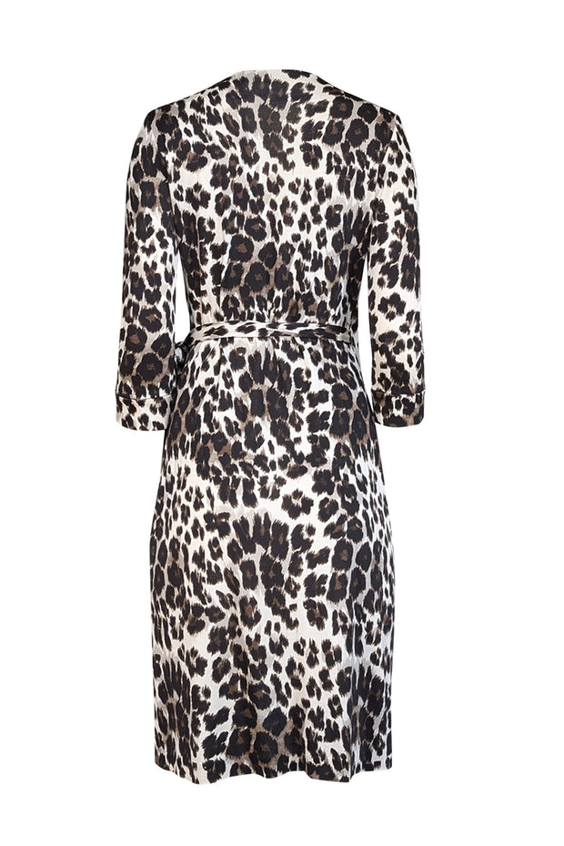 Current Boutique-Diane von Furstenberg - White w/ Black & Brown Leopard Print Silk Wrap Dress Sz 6