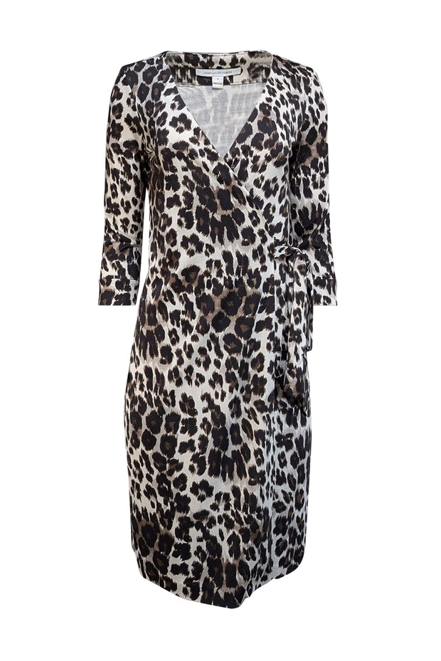 Current Boutique-Diane von Furstenberg - White w/ Black & Brown Leopard Print Silk Wrap Dress Sz 6