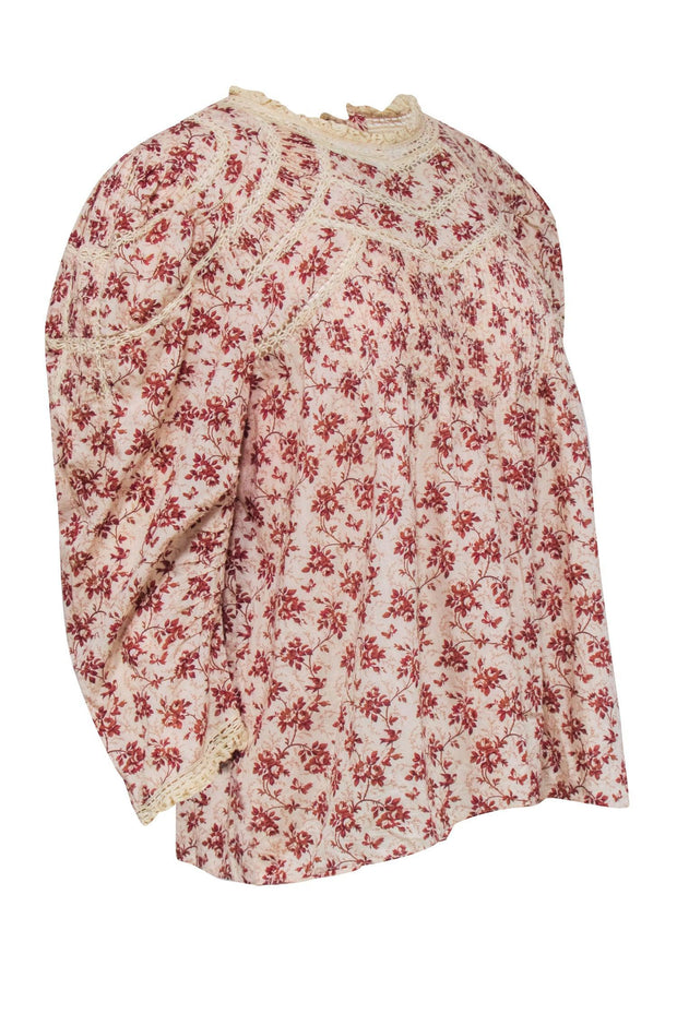 Current Boutique-Doen - Beige w/ Red Floral Print Long Sleeve Top Sz XL